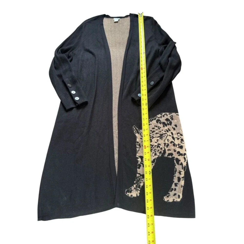Chicos Long Black Open Front Sweater Duster Cardigan Leopard Motif Womens Large - Picture 8 of 9